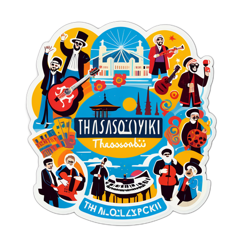 Αυτοκόλλητο με χαρακτήρες που γιορτάζουν τη μουσική και τον πολιτισμό της Θεσσαλονίκης