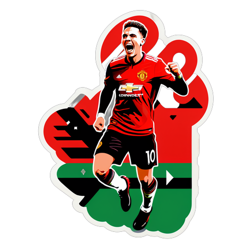 Stylizovaná ilustrace hráče Manchester United oslavujícího gól