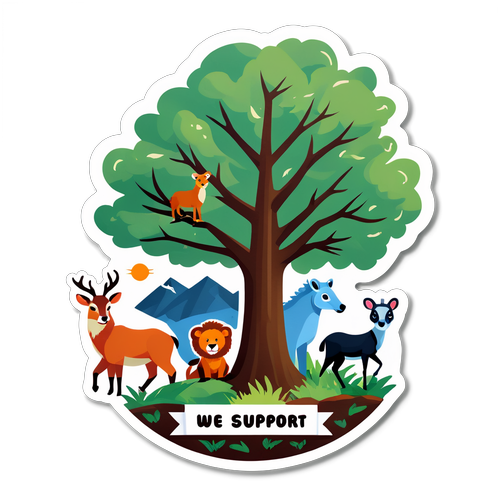 Sticker cu un copac și animale, mesaj 'Susținem natura - Parcul Național'