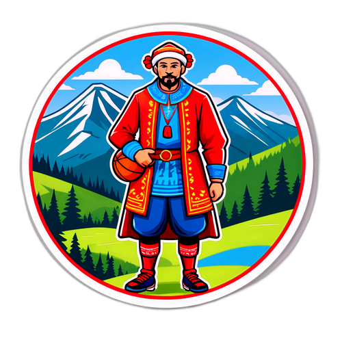 Персонаж у традиційному вбранні на фоні Карпат