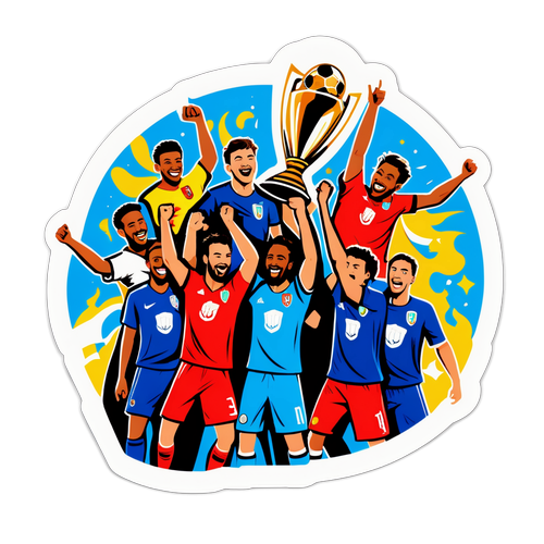 Sticker cúp UEFA với các cầu thủ vui mừng ăn mừng chiến thắng