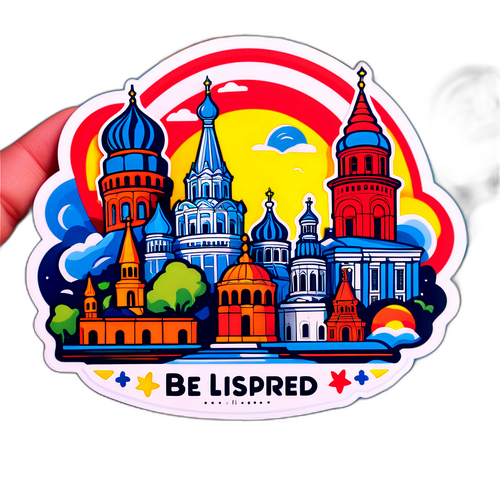 Яркая наклейка с аналогом Белгорода и знаковыми достопримечательностями, с фразой 'Вдохновляйтесь нашим наследием.'