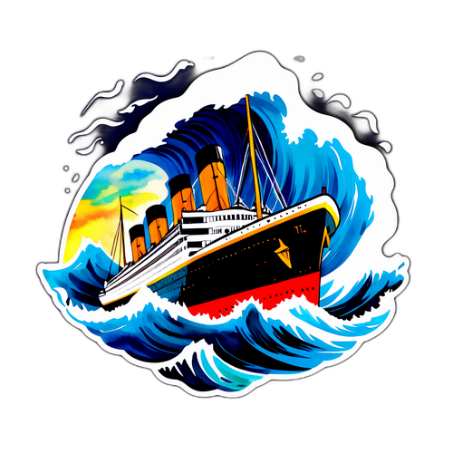 En stilfull och nostalgisk affisch av Titanic med en temasång och stora vågor i akvarellstil