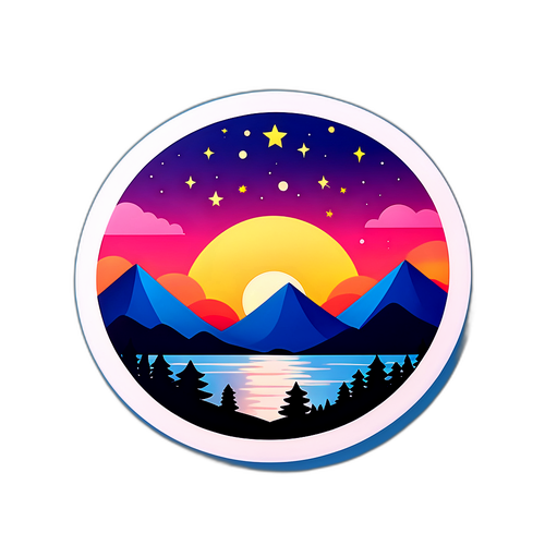 다양한 색의 저녁 하늘 위의 석양과 별 디자인