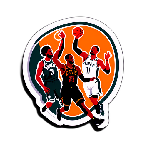 Δυναμικό αυτοκόλλητο μπάσκετ που εκπροσωπεί την αντιπαλότητα μεταξύ των Cavaliers και Bucks