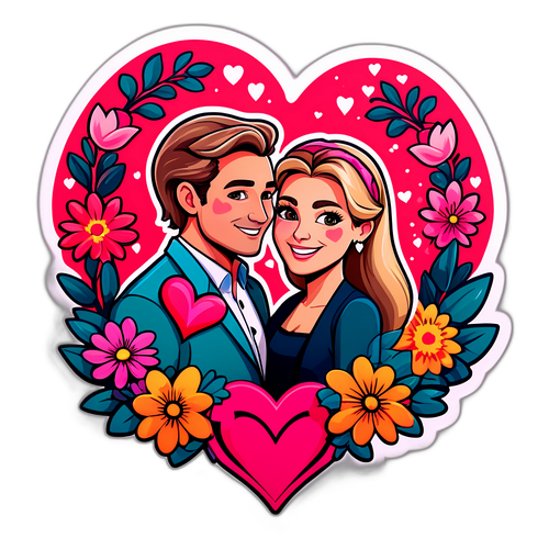 Sticker romantique des amoureux entourés de fleurs