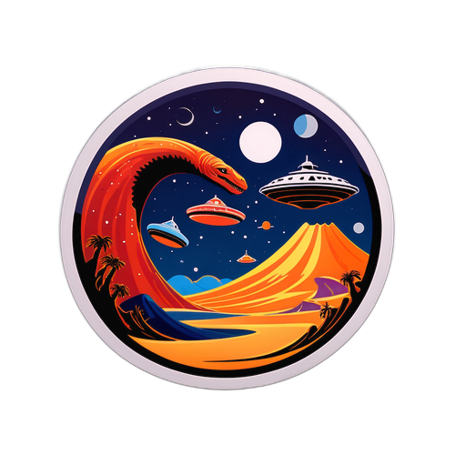 Iconische scene uit Dune met zandwormen en galactische schepen