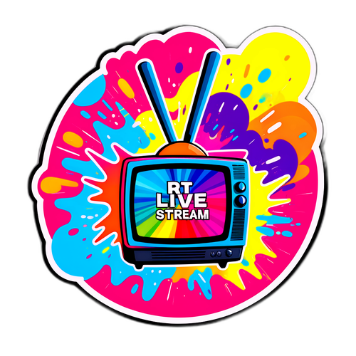 Aufkleber eines Fernsehers mit dem Text 'RTL Live Stream' und bunten, spritzigen Effekten