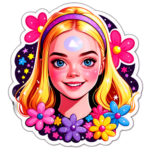 Kartun Ceria Elle Fanning dengan Bunga dan Kilauan