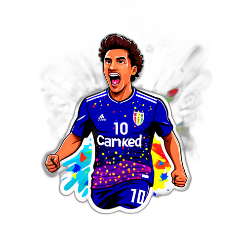 Sticker de Paquetá celebrando un gol, con explosiones de confeti sobre un fondo brillante