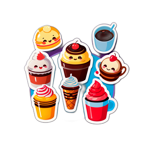 캐릭터 스티커: 달콤한 디저트와 커피를 즐기는