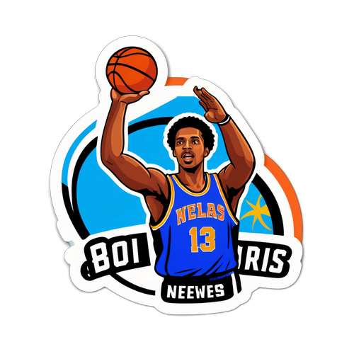 Stiker Bóng Rổ với Cầu Thủ Ghi Bàn và Câu Chữ 'Tin Thể Thao Mới Nhất'