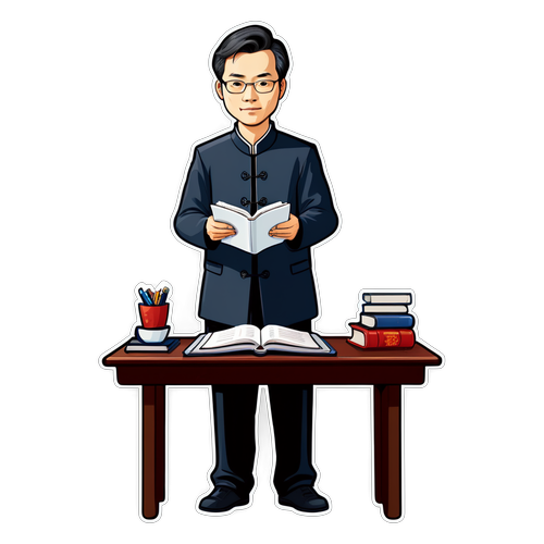 劉翔輝立於書桌前閱讀的卡通形象