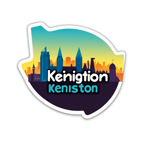 Sticker van de tekst 'Kensington' met een stijlvolle, moderne typografie en een achtergrond van een stedelijke skyline