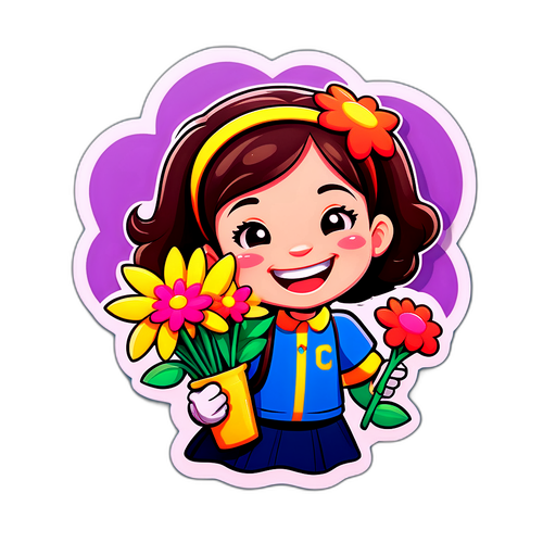 学校の教室で花を持つ笑顔のキャラクター