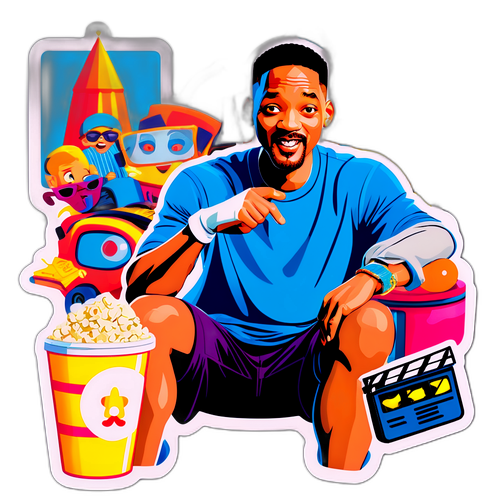 Sticker van een ontspannen Will Smith met filmrequisieten