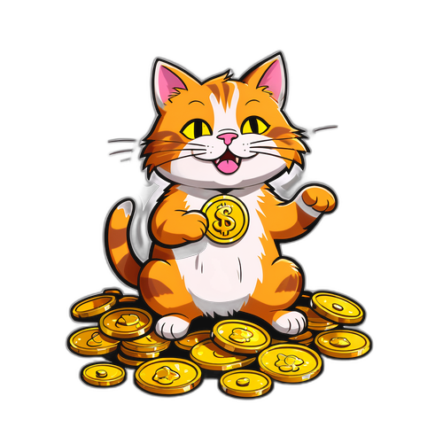 Um desenho divertido de um gato brincando com moedas de ouro