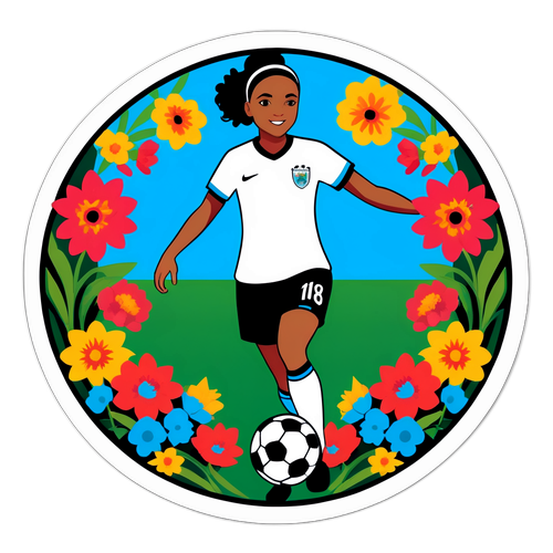 Balón de fútbol en el campo rodeado de flores con jugadora de Belgrano Femenino