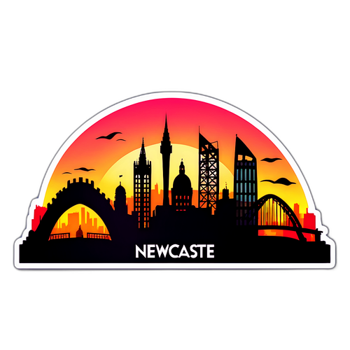 Styliserad silhuett av Newcastle skyline med solnedgång