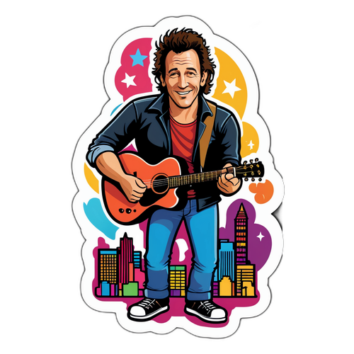 Bruce Springsteen in einer bunten Stadtlandschaft