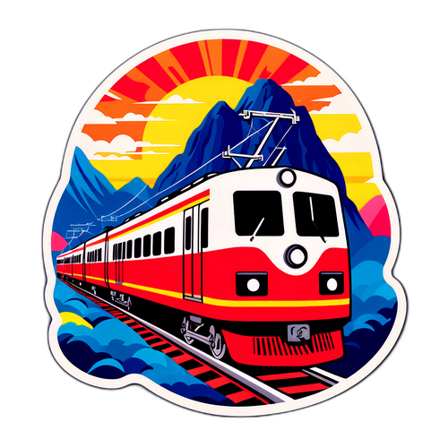 南海電鉄のアイコニックな列車とカラフルな背景の旅行気分を高めるデザイン