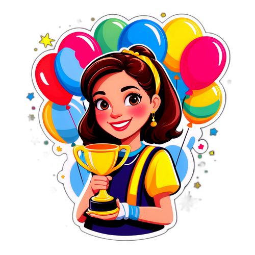 עברית - עיצוב שמח של דנה פרידר מחזיקה גביע מוקפת באלמנטים חגיגיים