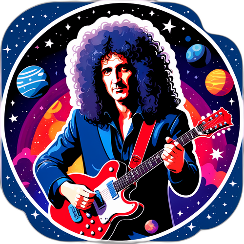 A stilisert illustrasjon av Brian May med gitar
