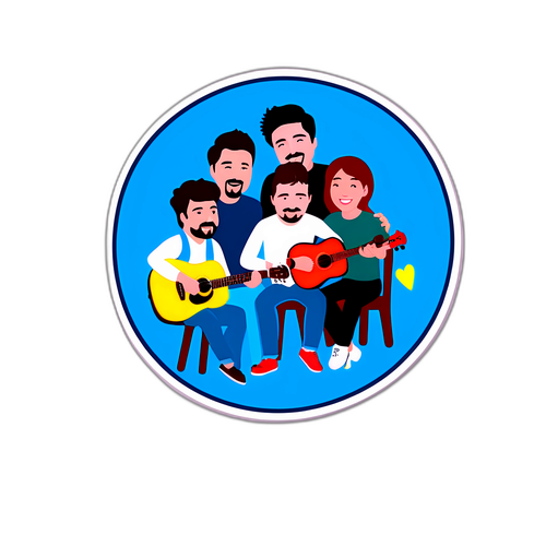 Speelse Sticker van een Huiskamer met Muziek en Vrienden