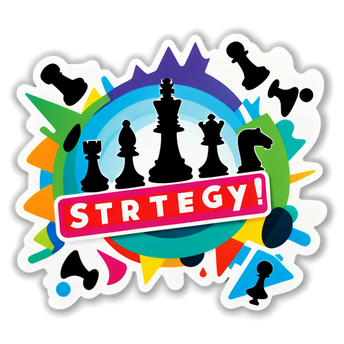 Diseño de sticker de un tablero de ajedrez con piezas en movimiento y la palabra 'Estrategia'