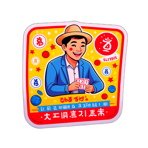 Sticker hài hước về kết quả xổ số Bến Tre, có hình ảnh người vui mừng khi xem kết quả