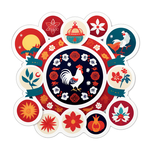 Sticker về lịch âm với hình ảnh các mùa và biểu tượng truyền thống như gà và chuột