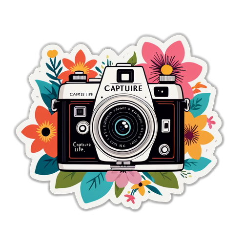 Stiker Kamera Vintage dengan Bunga Mekar