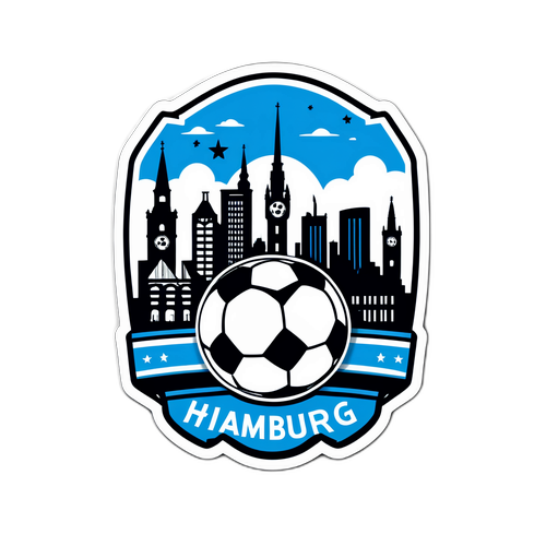 Sticker, der die Skyline von Hamburg mit einem Fußball verbindet