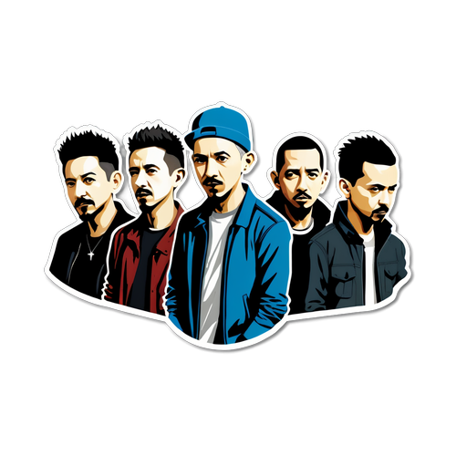 Create a nostalgic sticker inspired by Linkin Park, with iconic elements from their album covers and lyrics depicted artistically.