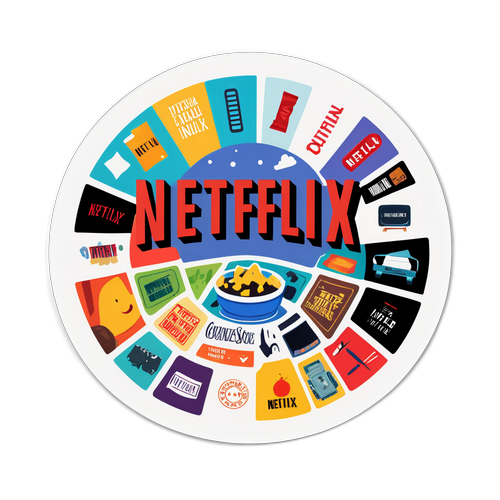 Логотип Netflix с креативным фоном, показывающим различные жанры фильмов