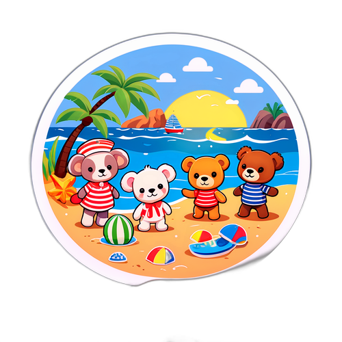 海辺で遊ぶダッフィーと友達の可愛いステッカー
