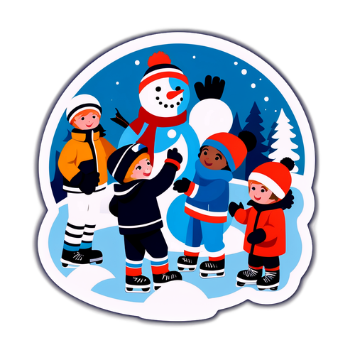 Snöig scen med barn som bygger en snögubbe