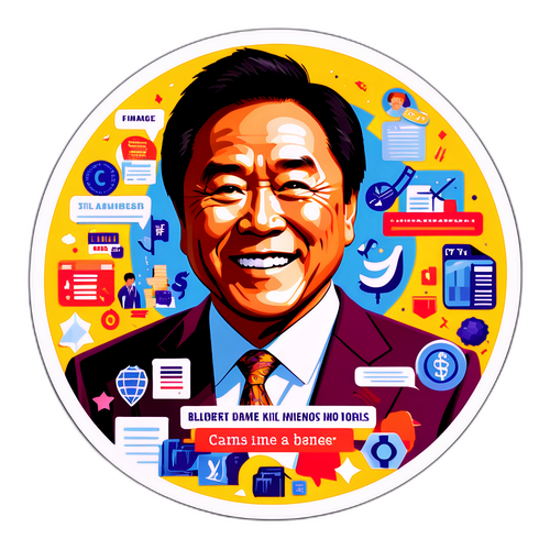 Обложка с Робертом Кийосаки и его известной цитатой о финансах на фоне вдохновляющих иконок