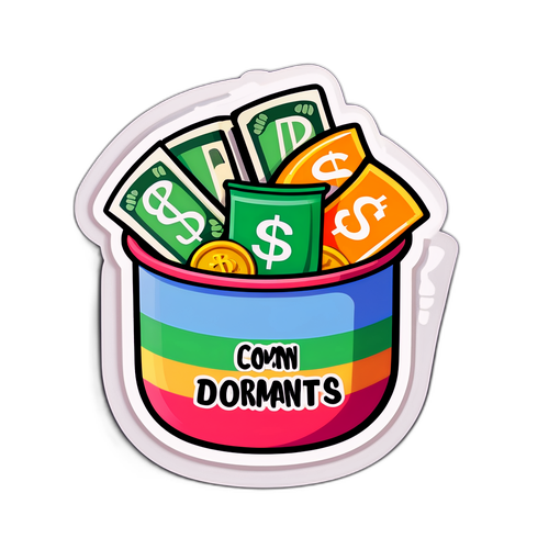 Kleurrijke sticker met cartoonachtige geldpot