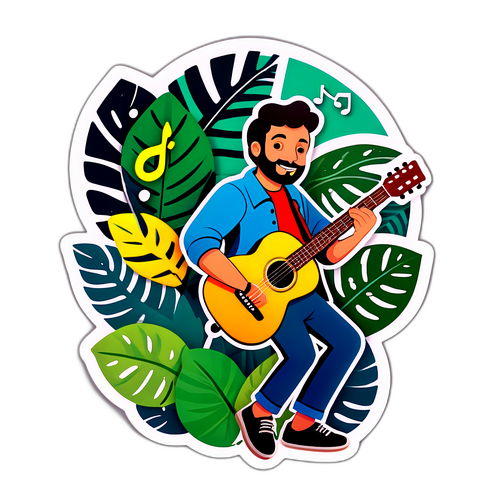 Peppe Quintale che suona la chitarra tra le foglie tropicali