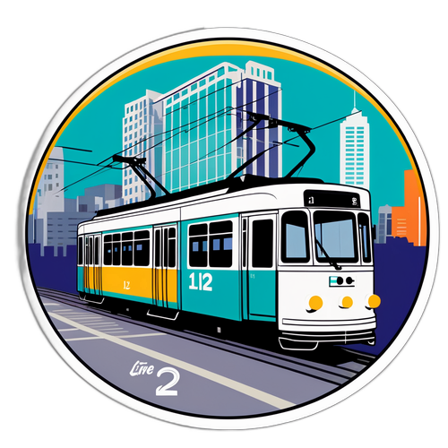 Eine Straßenbahn mit der Aufschrift "Linie 12" vor urbanem Hintergrund