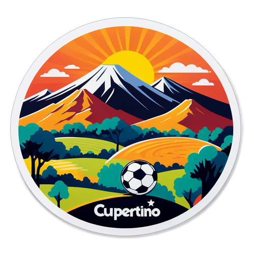 Ilustração da Cidade de Cupertino com Paisagens Icônicas e Toque de Futebol