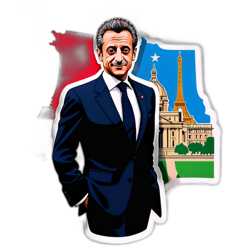 Stylizovaný portrét Sarkozýho v elegantním obleku s monumenty Francie