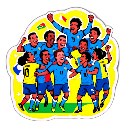 Desenho Humorístico de Equipe Celebrando um Gol