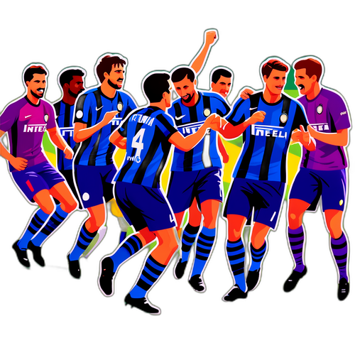 Mural cu jucători Inter și Fiorentina dansând pe un teren verde