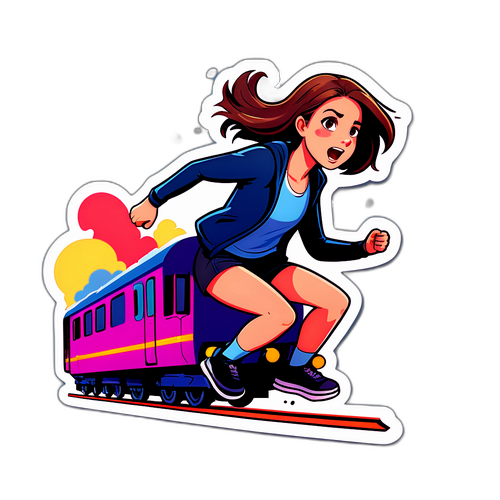 Nuoren naisen sticker suunnittelu, joka juoksee junan ohi