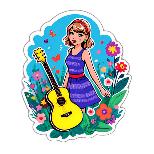Masayang Sticker na may Gitara sa Isang Makulay na Hardin