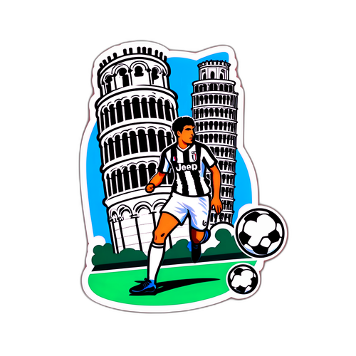 Sportovní nálepka Juventusu s driblujícím hráčem a šikmou věží v pozadí