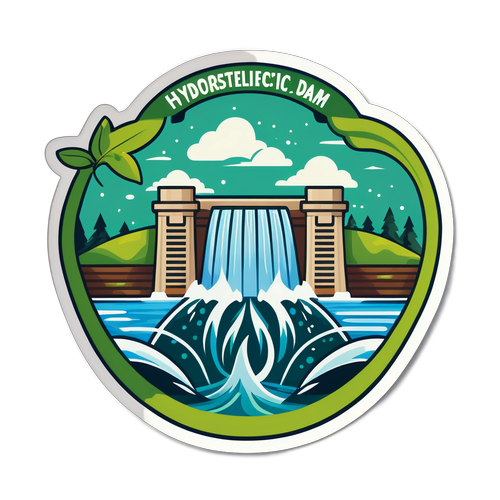 Autocol detaliat al unei hidrocentrale cu apă curgătoare și simboluri de energie verde