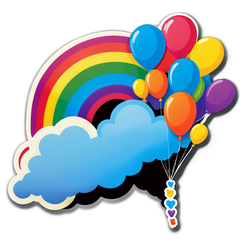彩虹和五彩繽紛的氣球在早晨的天空中